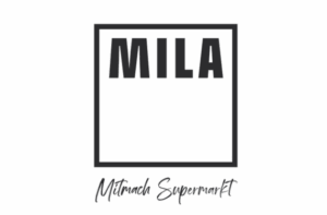 Logo des Mila Mitmach-Supermarkts; schwarze Schrift auf weißem Hintergrund